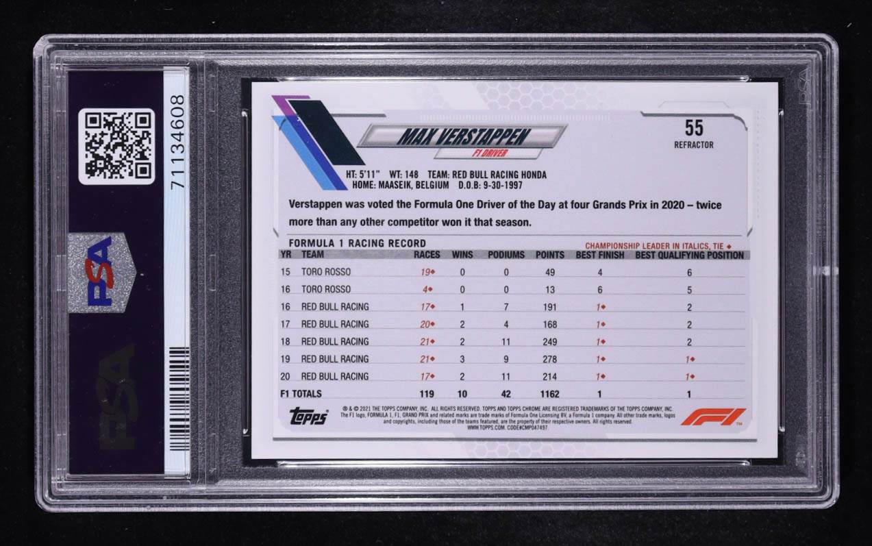 Max Verstappen 2021 Topps Chrome Formula 1 Refractors #55 (PSA 10) at PristineAuction.com Max Verstappen 2021 Topps Chrome Formula 1 Refractors #55 (PSA 10) at PristineAuction.com