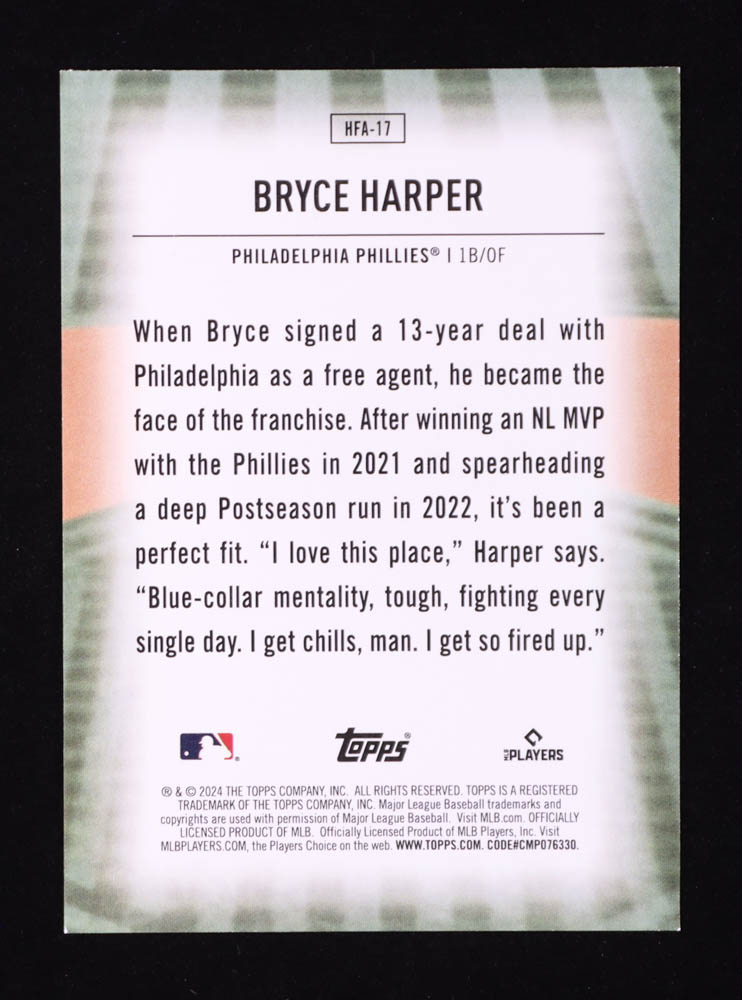 Bryce Harper 2024 Topps Home Field Advantage #HFA17 at PristineAuction.com Bryce Harper 2024 Topps Home Field Advantage #HFA17 at PristineAuction.com