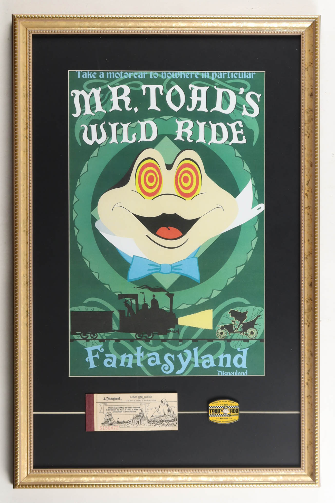 Disneyland "Mr. Toad's Wild Ride" Fantasyland Custom Framed Poster Print Display with Official Ride Pin & Disneyland Ticket Book at PristineAuction.com Disneyland "Mr. Toad's Wild Ride" Fantasyland Custom Framed Poster Print Display with Official Ride Pin & Disneyland Ticket Book at PristineAuction.com