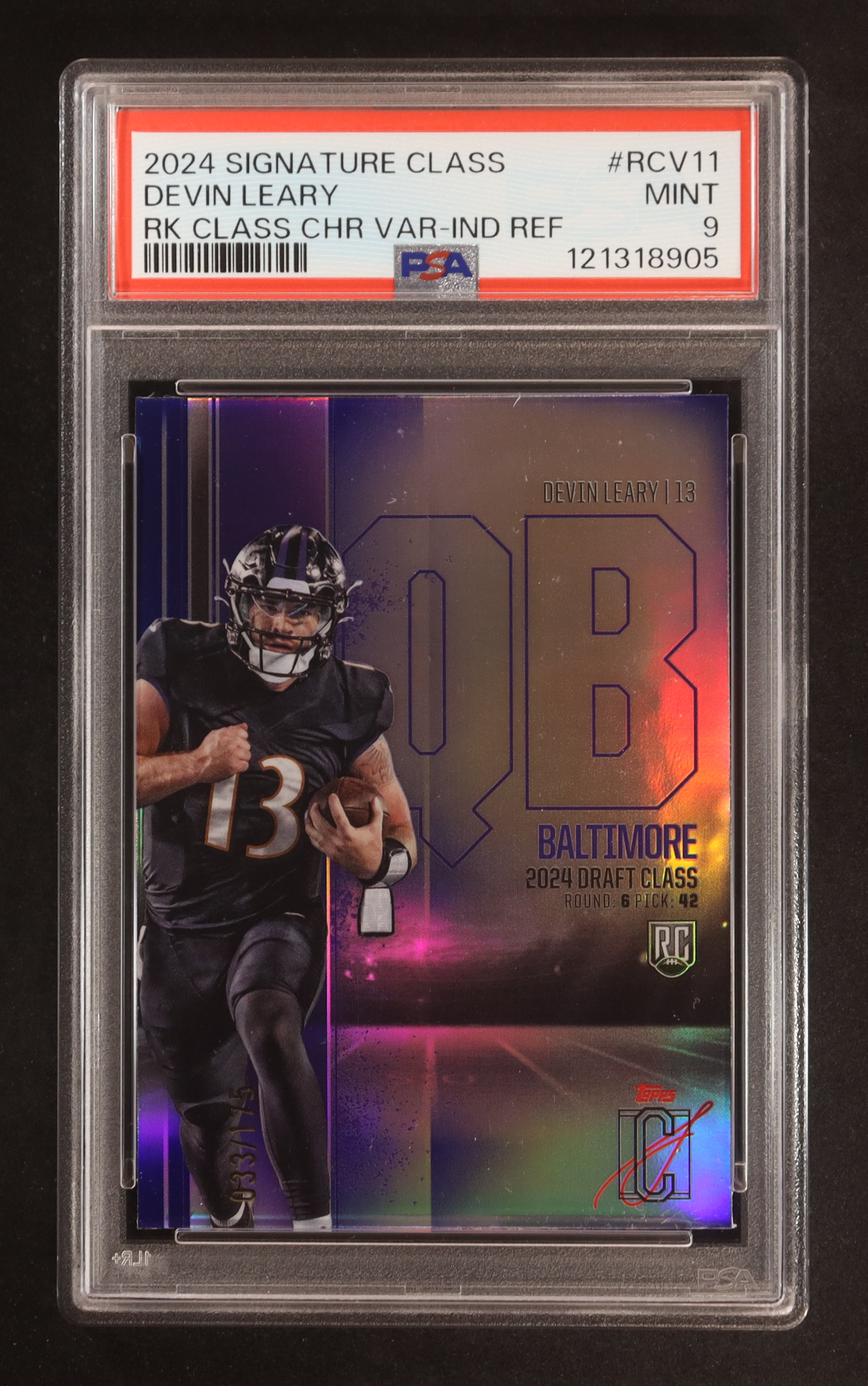 Devin Leary 2024 Topps Signature Class Chrome Rookie Variations Indigo Refractors #RCV11 RC #33/175 (PSA 9) at PristineAuction.com Devin Leary 2024 Topps Signature Class Chrome Rookie Variations Indigo Refractors #RCV11 RC #33/175 (PSA 9) at PristineAuction.com