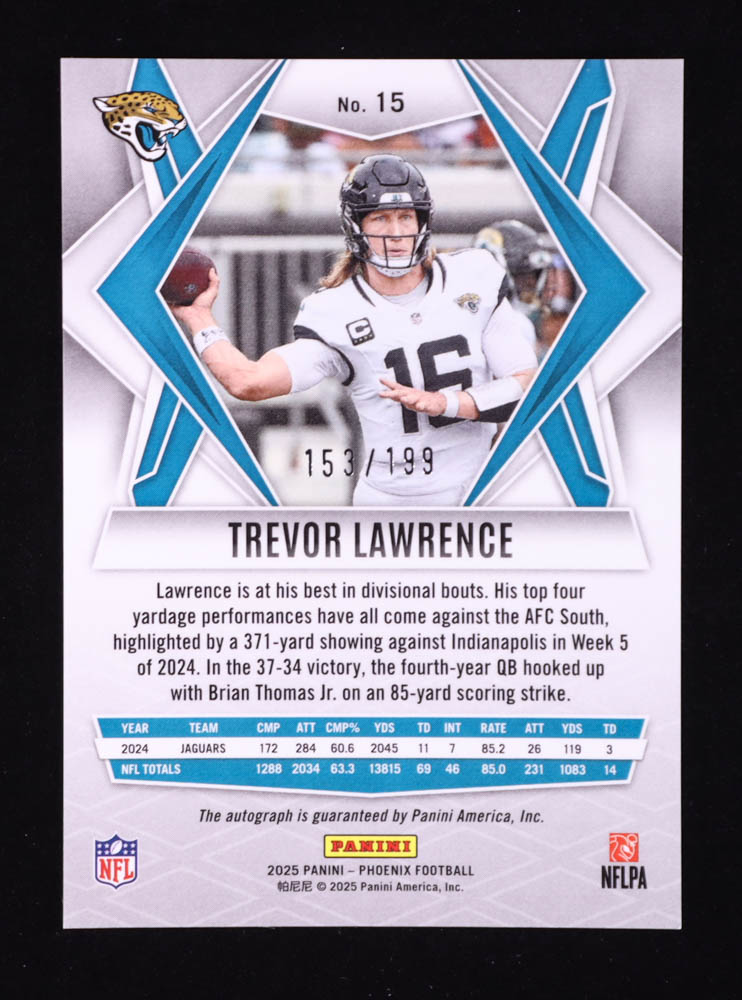 Trevor Lawrence 2025 Panini Phoenix Autographs Silver #15 #153/199 at PristineAuction.com Trevor Lawrence 2025 Panini Phoenix Autographs Silver #15 #153/199 at PristineAuction.com