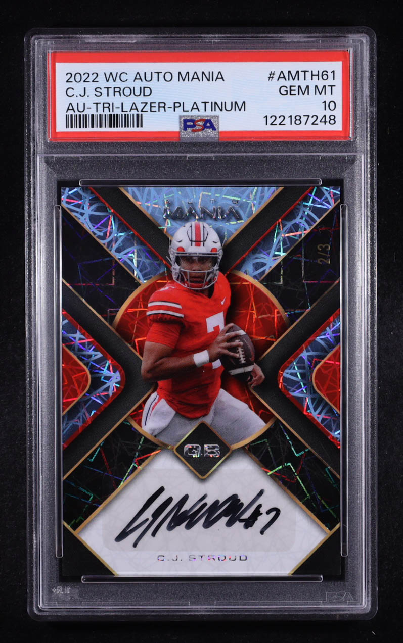 CJ Stroud 2022 Wild Card Auto Mania Autograph Tri Lazer Platinum #AMTH61 #2/3 RC (PSA 10) at PristineAuction.com CJ Stroud 2022 Wild Card Auto Mania Autograph Tri Lazer Platinum #AMTH61 #2/3 RC (PSA 10) at PristineAuction.com