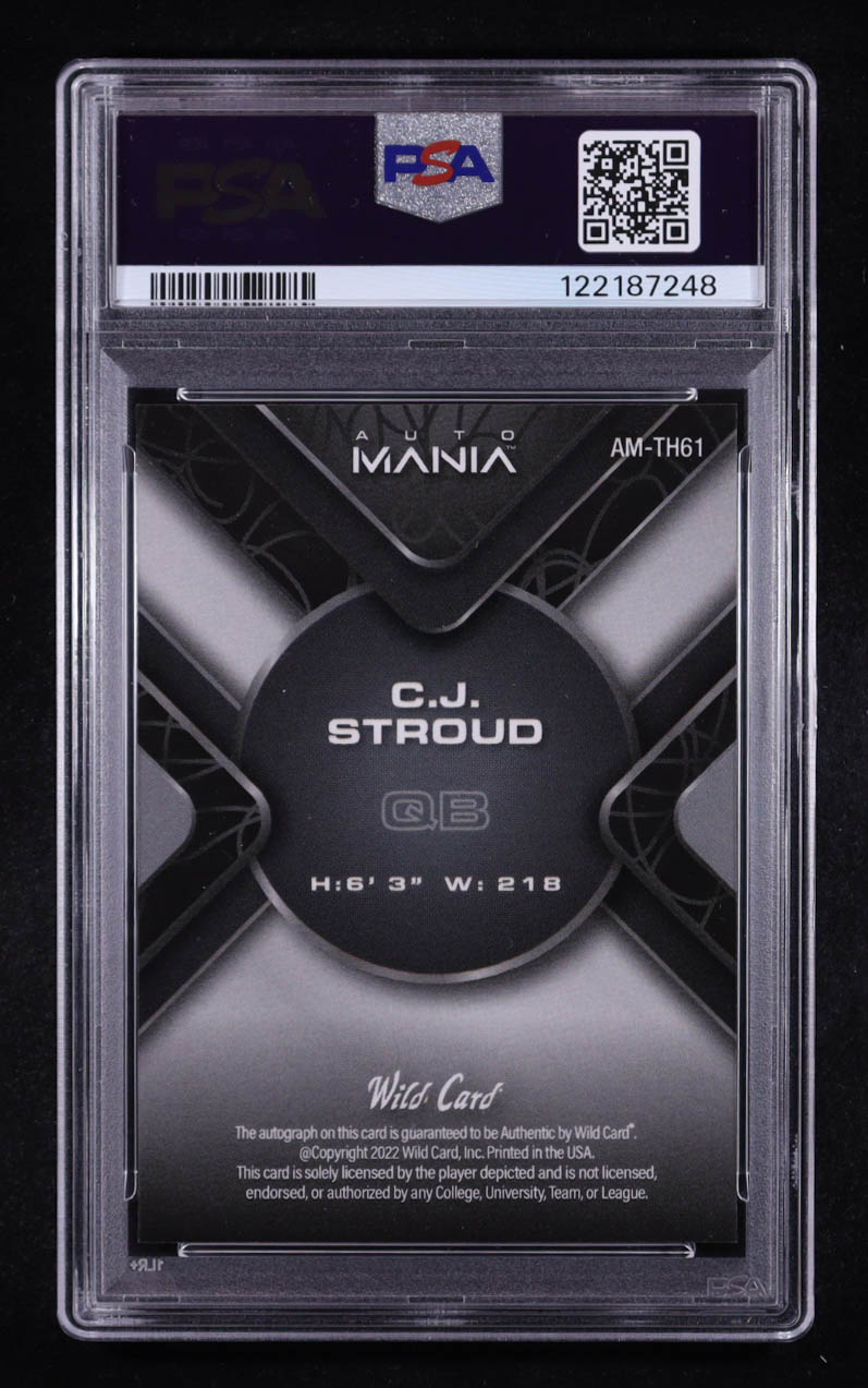 CJ Stroud 2022 Wild Card Auto Mania Autograph Tri Lazer Platinum #AMTH61 #2/3 RC (PSA 10) at PristineAuction.com CJ Stroud 2022 Wild Card Auto Mania Autograph Tri Lazer Platinum #AMTH61 #2/3 RC (PSA 10) at PristineAuction.com