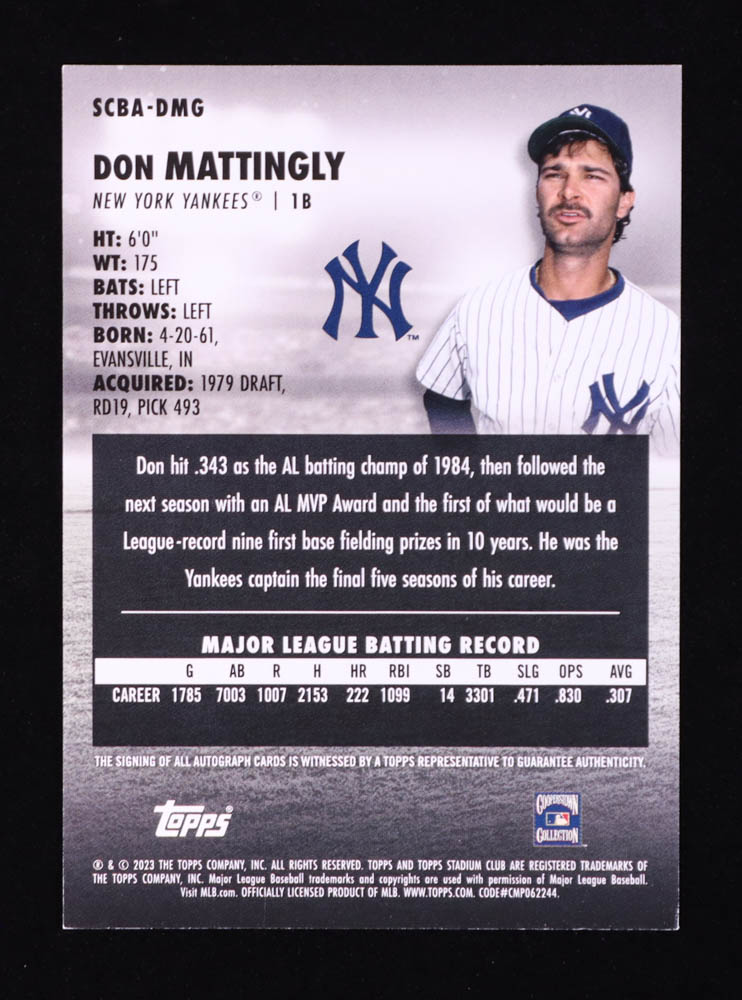 Don Mattingly 2023 Stadium Club Autographs #SCBADMG at PristineAuction.com Don Mattingly 2023 Stadium Club Autographs #SCBADMG at PristineAuction.com