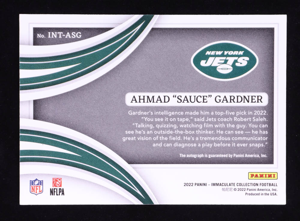 Ahmad "Sauce" Gardner 2022 Immaculate Collection Immaculate Introductions Autographs #3 RC #03/49 at PristineAuction.com Ahmad "Sauce" Gardner 2022 Immaculate Collection Immaculate Introductions Autographs #3 RC #03/49 at PristineAuction.com