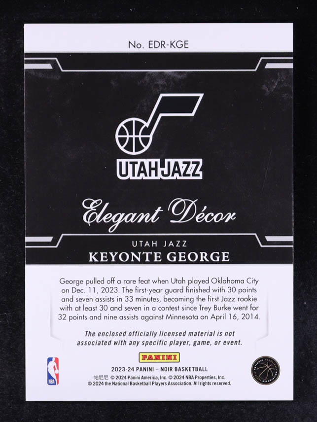 Keyonte George 2023-24 Panini Noir Elegant Decor Rookie Jerseys #12 #95/99 RC at PristineAuction.com Keyonte George 2023-24 Panini Noir Elegant Decor Rookie Jerseys #12 #95/99 RC at PristineAuction.com
