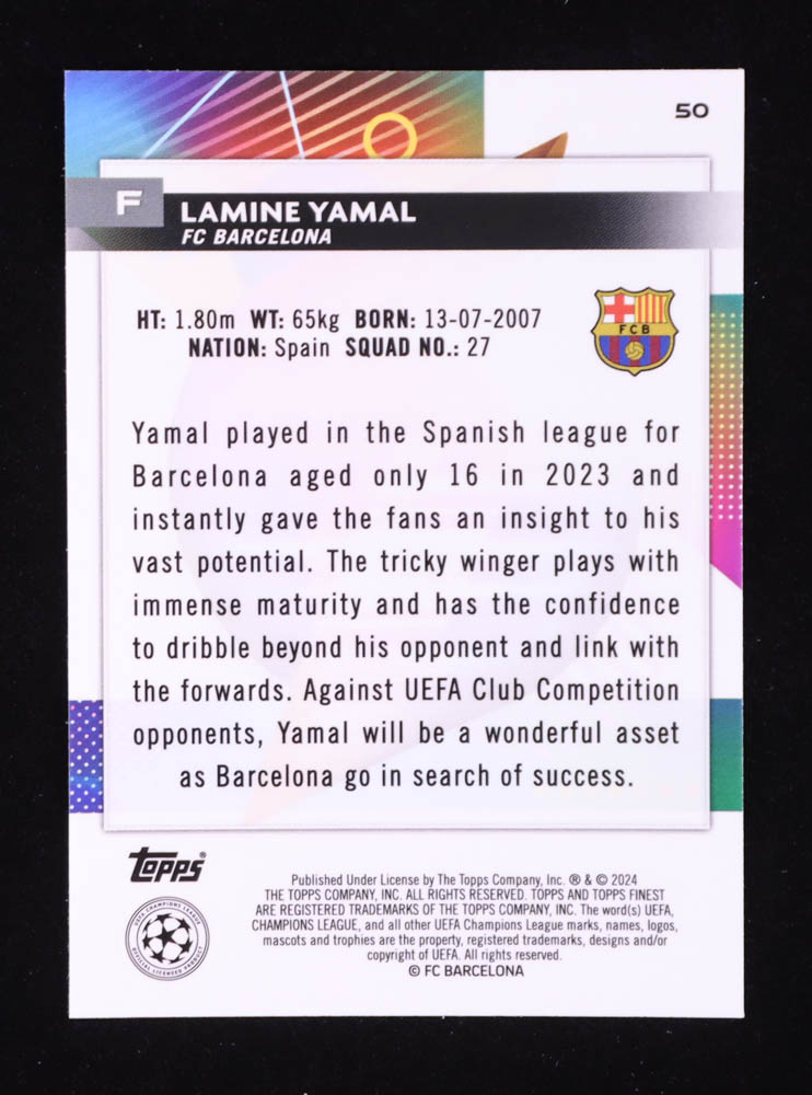 Lamine Yamal 2023-24 Finest UEFA Club Competitions #50 RC at PristineAuction.com Lamine Yamal 2023-24 Finest UEFA Club Competitions #50 RC at PristineAuction.com