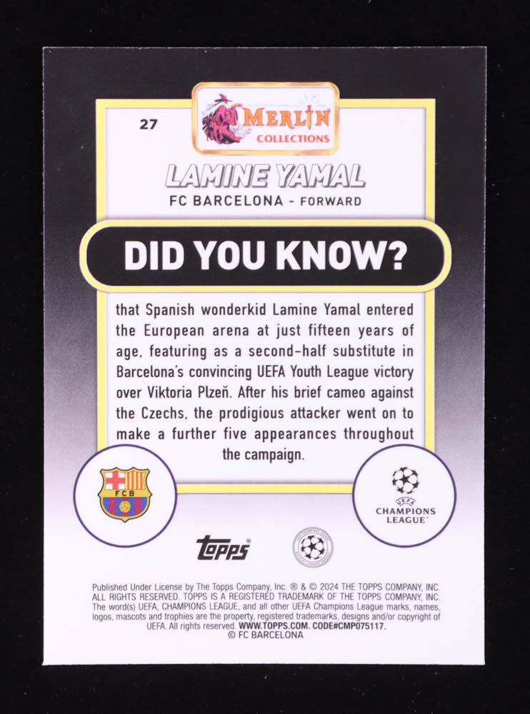 Lamine Yamal 2023-24 Merlin UEFA Club Competitions #27 RC at PristineAuction.com Lamine Yamal 2023-24 Merlin UEFA Club Competitions #27 RC at PristineAuction.com