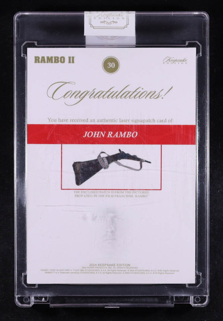 John Rambo 2024 Keepsake Collection Rambo Premiere Edition Laser Signapatches Red Foil #30 #01/99 at PristineAuction.com John Rambo 2024 Keepsake Collection Rambo Premiere Edition Laser Signapatches Red Foil #30 #01/99 at PristineAuction.com