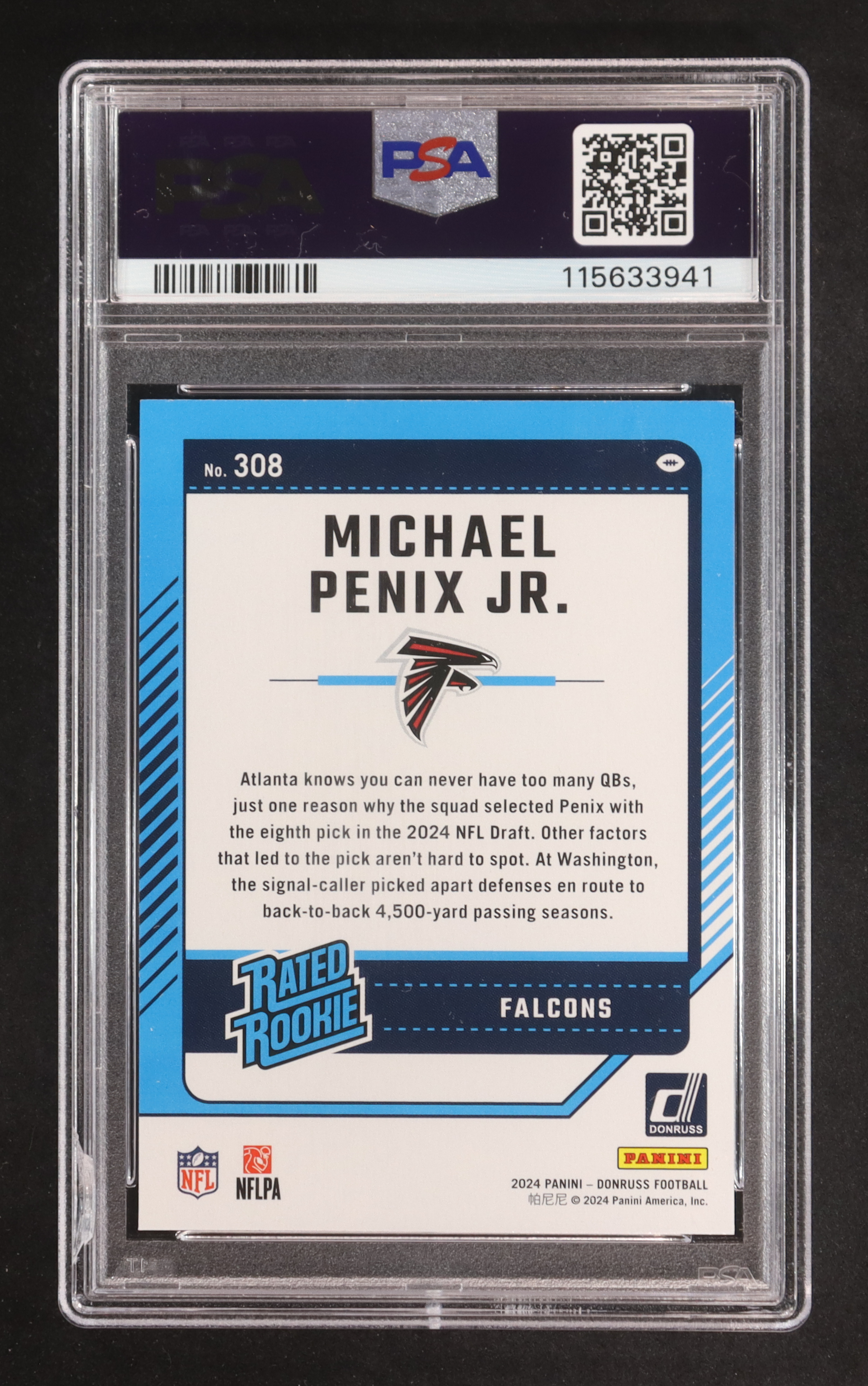 Michael Penix Jr. 2024 Donruss #308 RR RC (PSA 9) at PristineAuction.com Michael Penix Jr. 2024 Donruss #308 RR RC (PSA 9) at PristineAuction.com