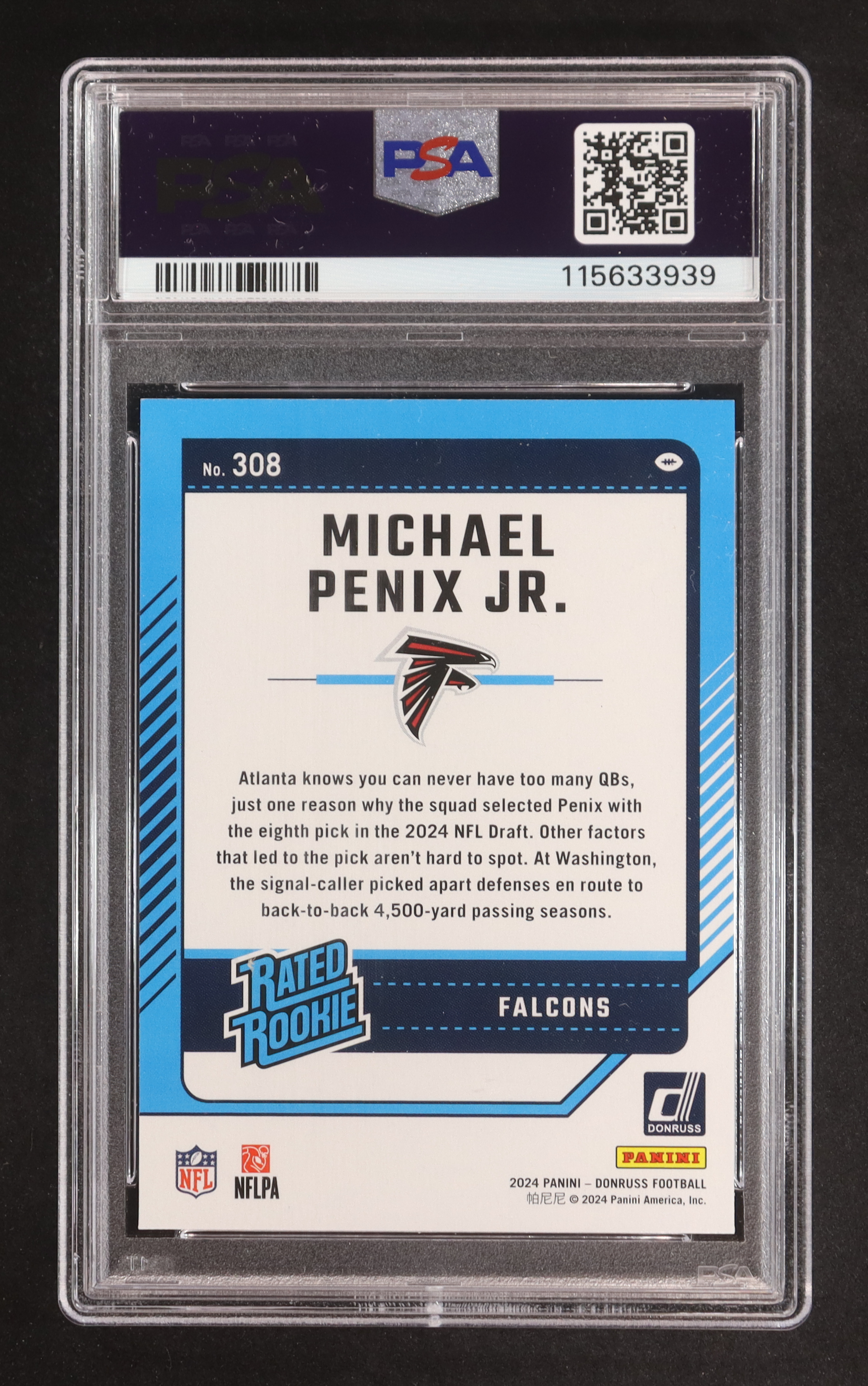 Michael Penix Jr. 2024 Donruss #308 RR RC (PSA 9) at PristineAuction.com Michael Penix Jr. 2024 Donruss #308 RR RC (PSA 9) at PristineAuction.com