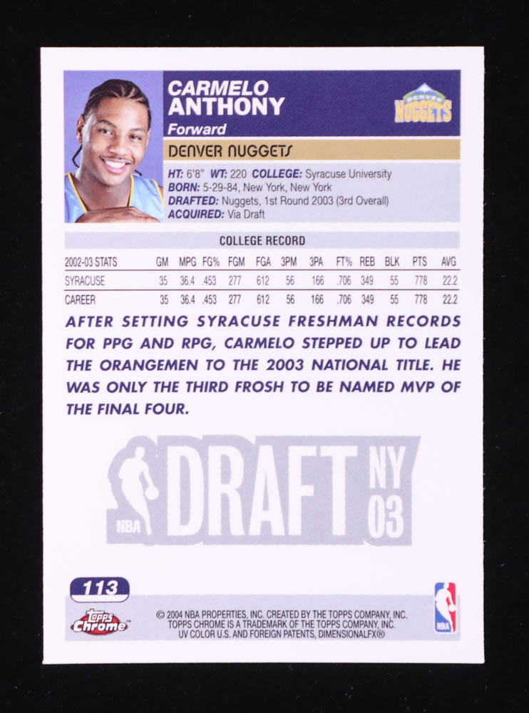 Carmelo Anthony 2003-04 Topps Chrome #113 RC at PristineAuction.com Carmelo Anthony 2003-04 Topps Chrome #113 RC at PristineAuction.com