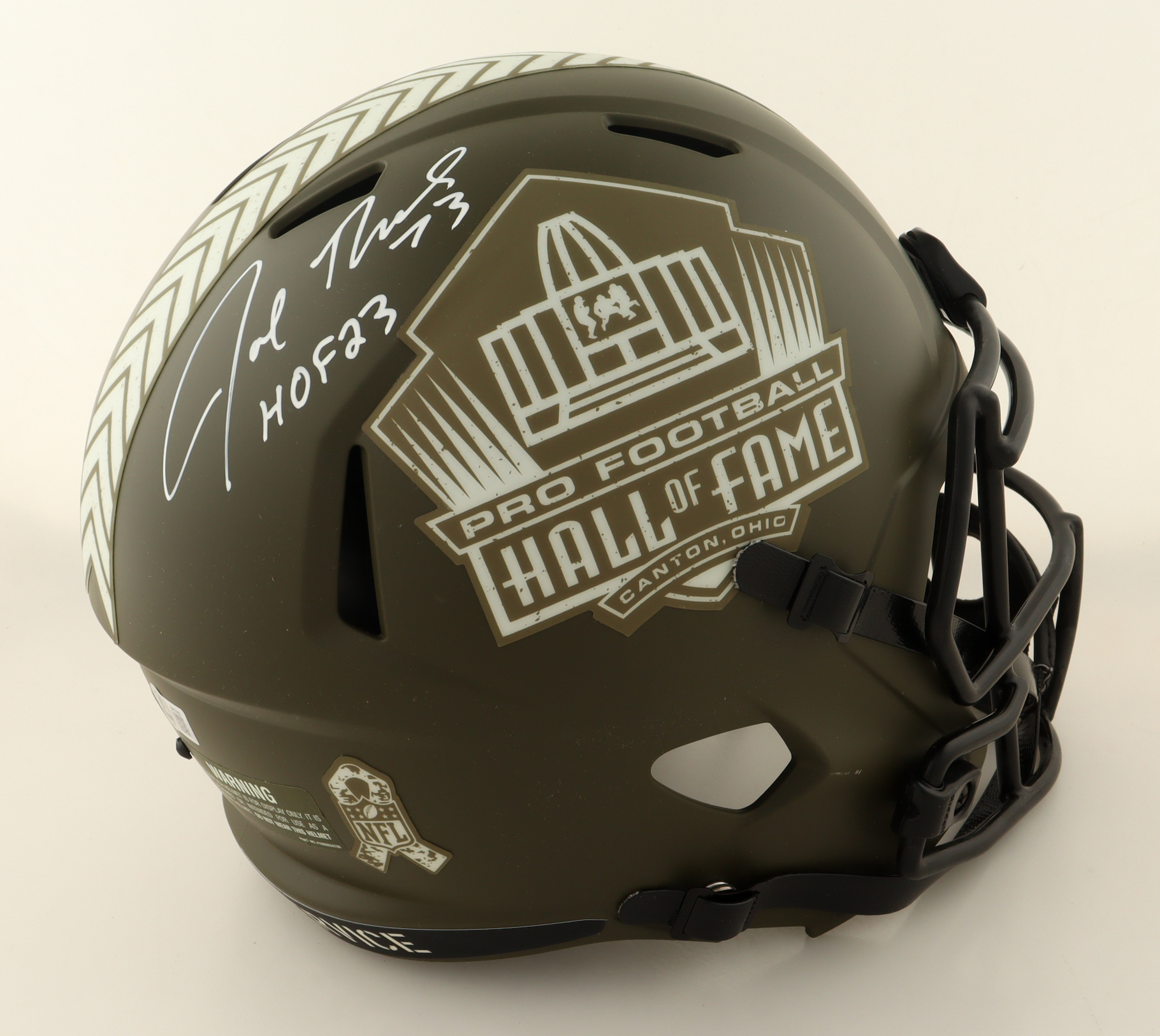 Joe Thomas Signed Hall of Fame Logo Full-Size Salute to Service Alternate Speed Helmet Inscribed "HOF 23" (Beckett) at PristineAuction.com Joe Thomas Signed Hall of Fame Logo Full-Size Salute to Service Alternate Speed Helmet Inscribed "HOF 23" (Beckett) at PristineAuction.com