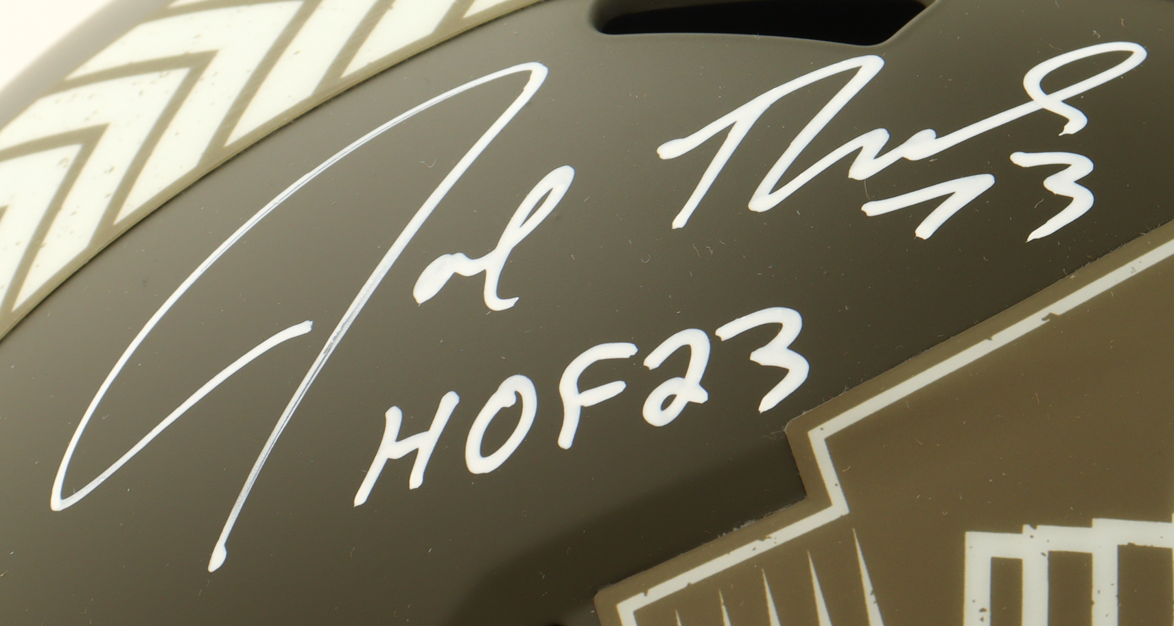 Joe Thomas Signed Hall of Fame Logo Full-Size Salute to Service Alternate Speed Helmet Inscribed "HOF 23" (Beckett) at PristineAuction.com Joe Thomas Signed Hall of Fame Logo Full-Size Salute to Service Alternate Speed Helmet Inscribed "HOF 23" (Beckett) at PristineAuction.com