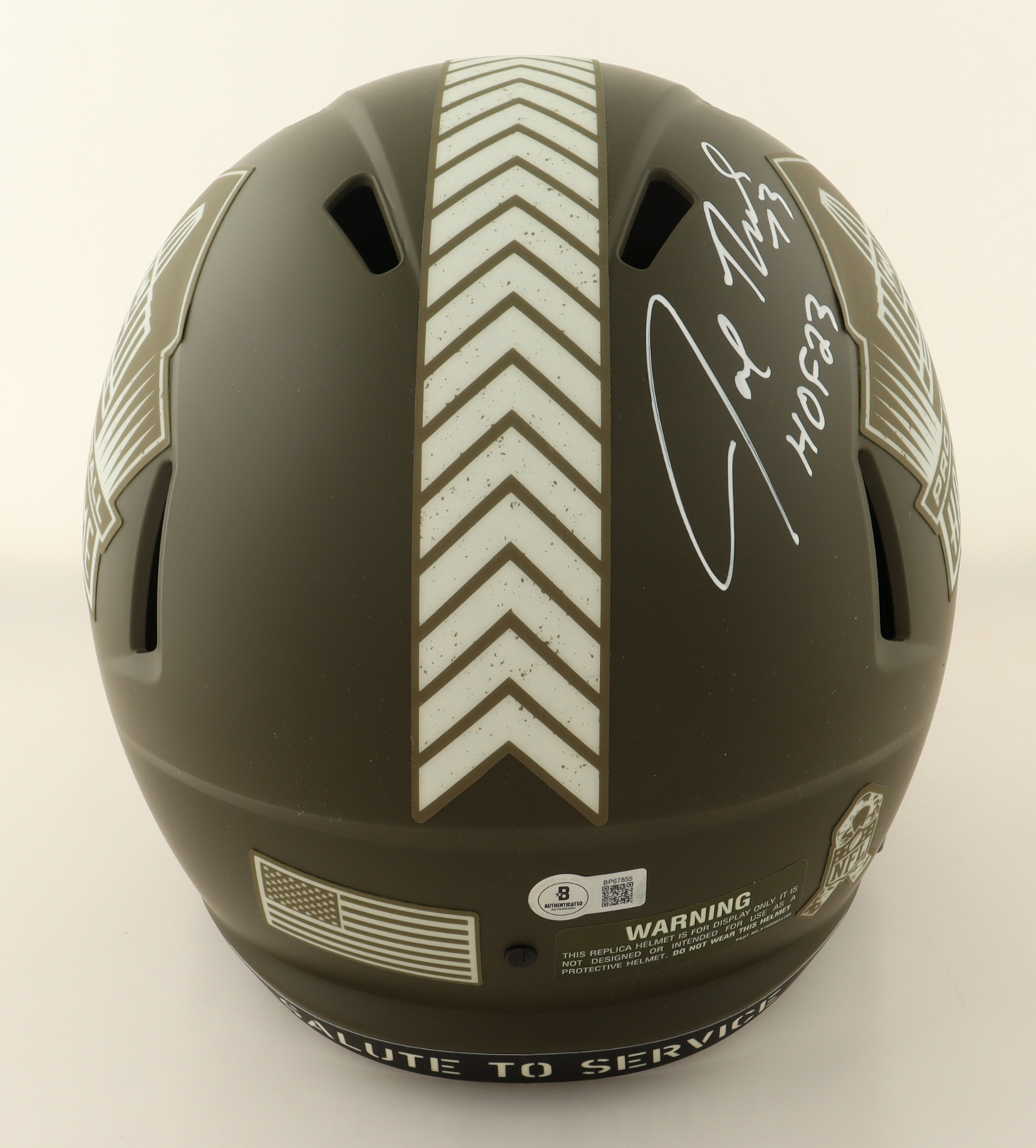 Joe Thomas Signed Hall of Fame Logo Full-Size Salute to Service Alternate Speed Helmet Inscribed "HOF 23" (Beckett) at PristineAuction.com Joe Thomas Signed Hall of Fame Logo Full-Size Salute to Service Alternate Speed Helmet Inscribed "HOF 23" (Beckett) at PristineAuction.com