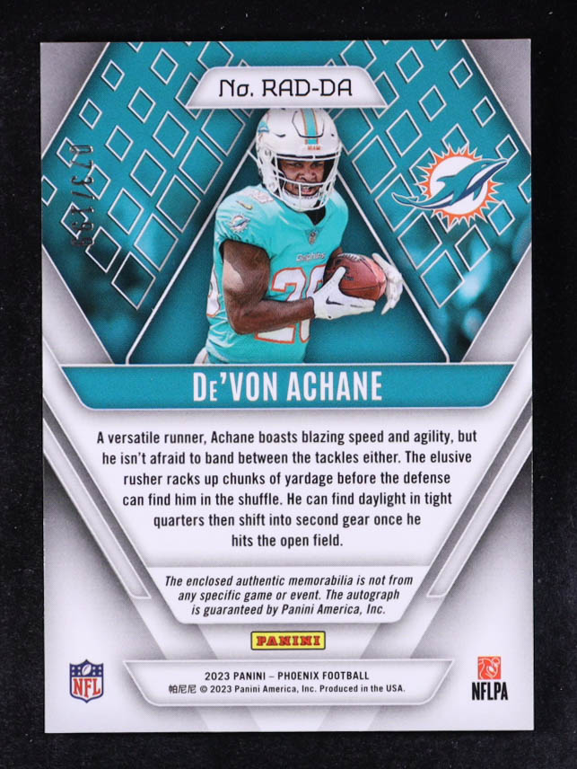 De'Von Achane 2023 Panini Phoenix Rookie Premiere Dual Jersey Autographs #27 #73/199 RC at PristineAuction.com De'Von Achane 2023 Panini Phoenix Rookie Premiere Dual Jersey Autographs #27 #73/199 RC at PristineAuction.com