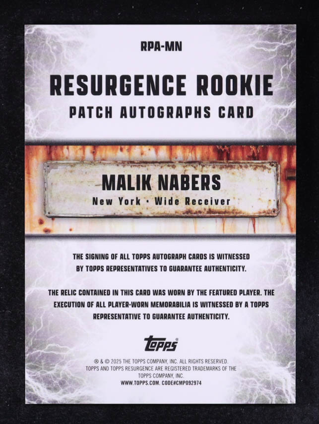 Malik Nabers 2024 Topps Resurgence Resurgence Rookie Patch Autographs White Surge #RPAMN #015/125 RC at PristineAuction.com Malik Nabers 2024 Topps Resurgence Resurgence Rookie Patch Autographs White Surge #RPAMN #015/125 RC at PristineAuction.com