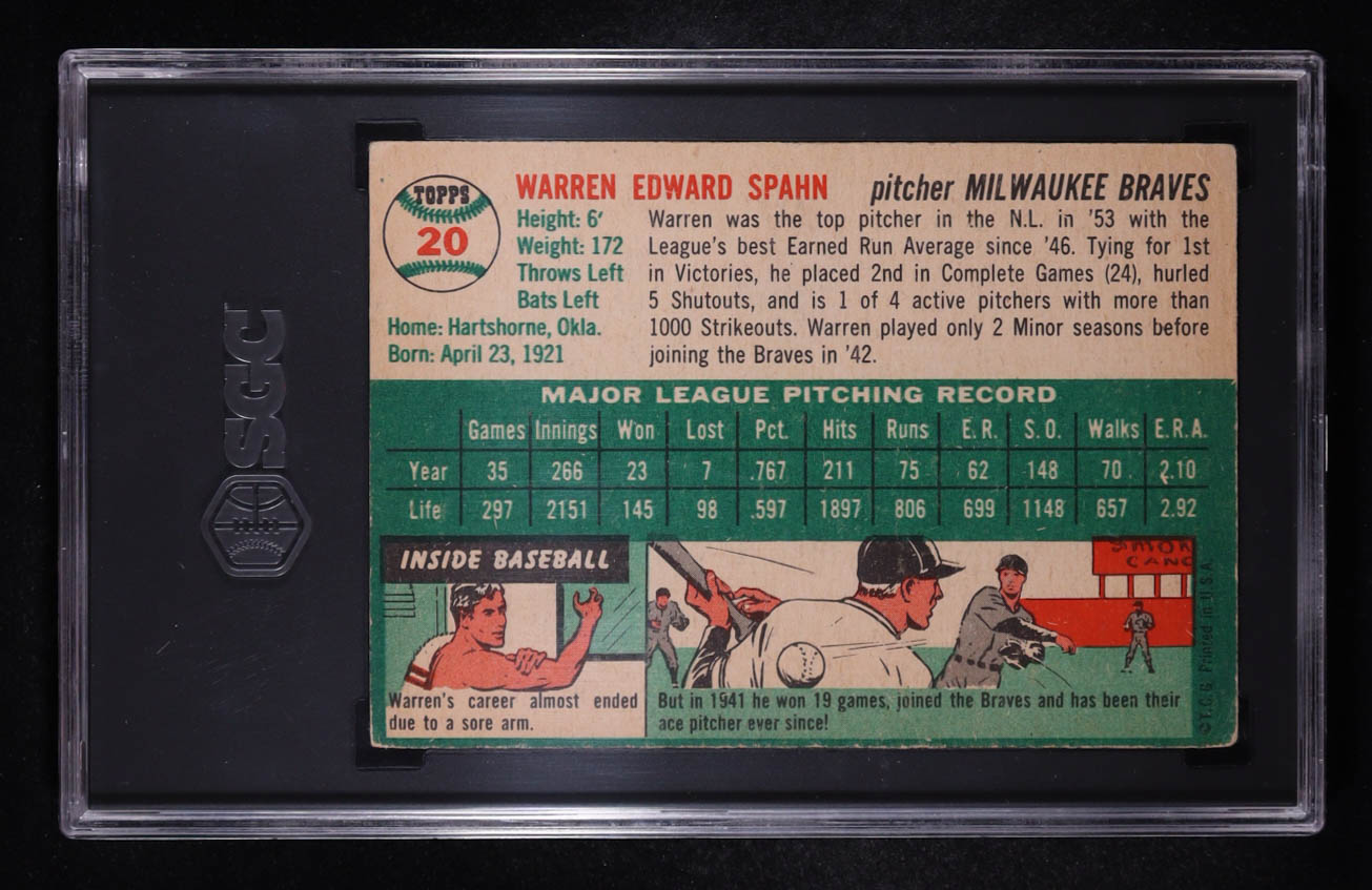 Warren Spahn 1954 Topps #20 (SGC 3) at PristineAuction.com Warren Spahn 1954 Topps #20 (SGC 3) at PristineAuction.com