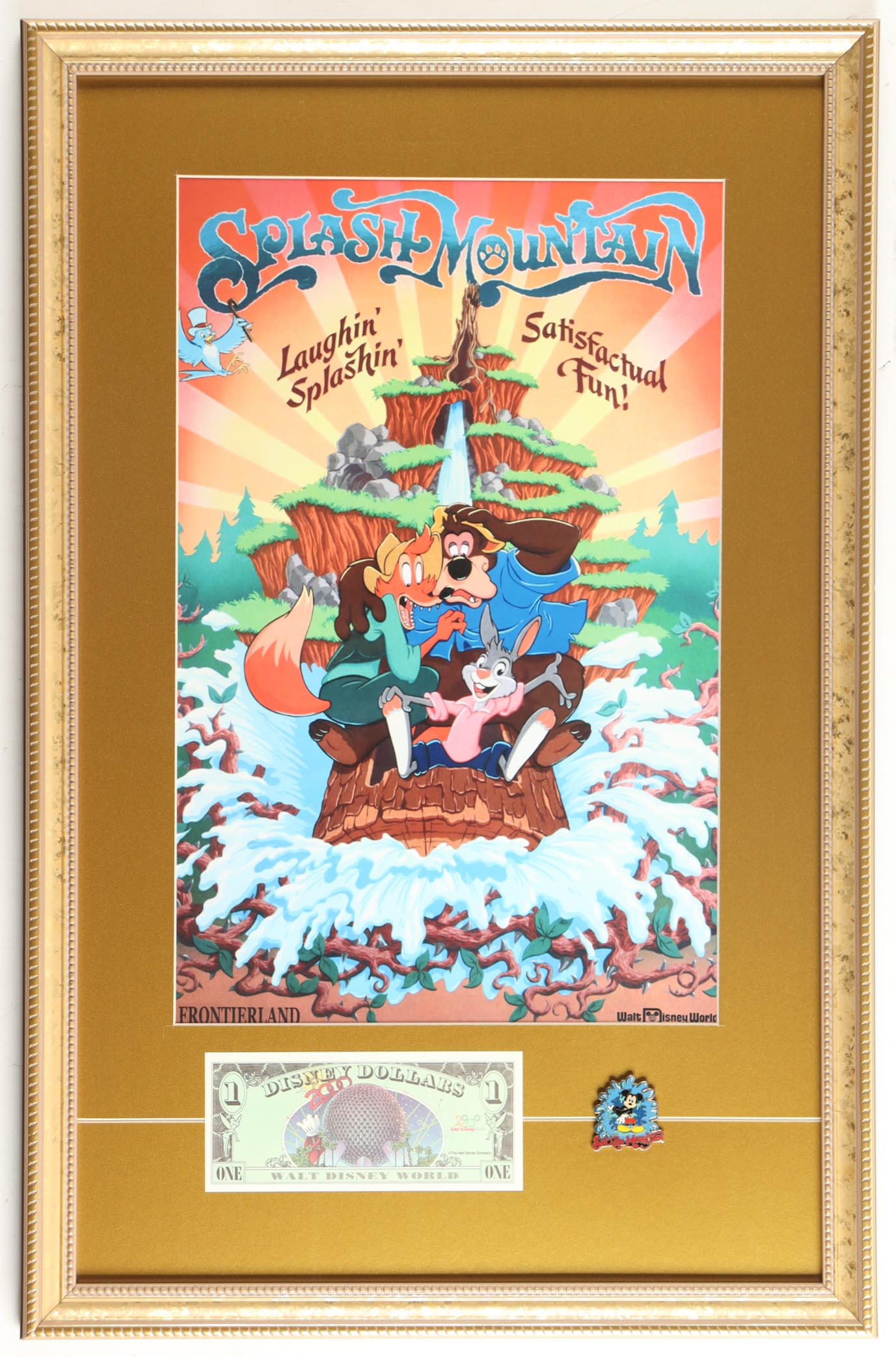 Disney's "Splash Mountain" Custom Framed Art Print Display with Disney Dollar & Retired Pin at PristineAuction.com Disney's "Splash Mountain" Custom Framed Art Print Display with Disney Dollar & Retired Pin at PristineAuction.com