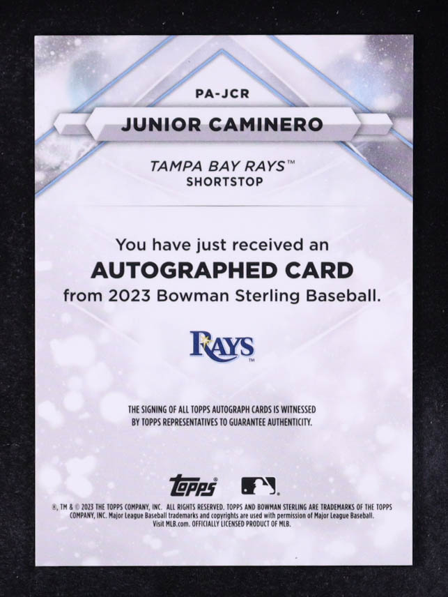 Junior Caminero 2023 Bowman Sterling Prospect Autographs #PAJCR RC at PristineAuction.com Junior Caminero 2023 Bowman Sterling Prospect Autographs #PAJCR RC at PristineAuction.com