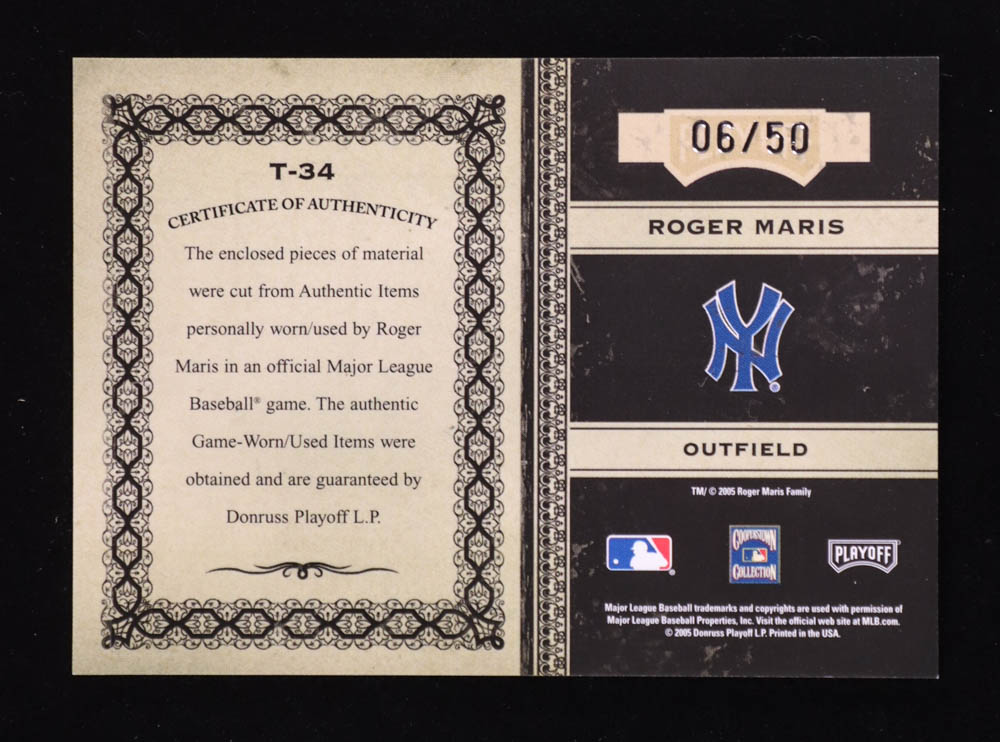 Roger Maris 2005 Prime Cuts Timeline Material Custom Names #T34 Bat-Bat-Jersey-Pants #06/50 at PristineAuction.com Roger Maris 2005 Prime Cuts Timeline Material Custom Names #T34 Bat-Bat-Jersey-Pants #06/50 at PristineAuction.com