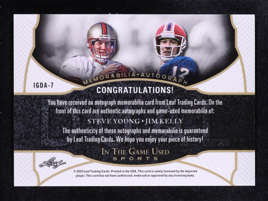 Steve Young / Jim Kelly 2024 Leaf ITG Used Sports Dual Memorabilia Autograph Spectrum Pink #IGDA7 #5/7 at PristineAuction.com Steve Young / Jim Kelly 2024 Leaf ITG Used Sports Dual Memorabilia Autograph Spectrum Pink #IGDA7 #5/7 at PristineAuction.com