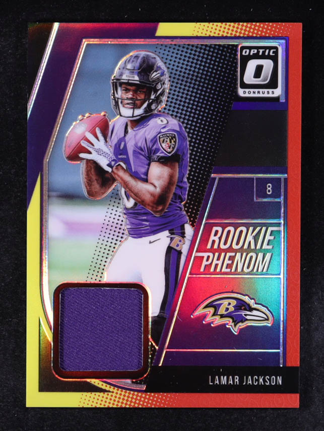 Lamar Jackson 2018 Donruss Optic Rookie Phenoms Jerseys Red and Yellow #18 RC at PristineAuction.com Lamar Jackson 2018 Donruss Optic Rookie Phenoms Jerseys Red and Yellow #18 RC at PristineAuction.com