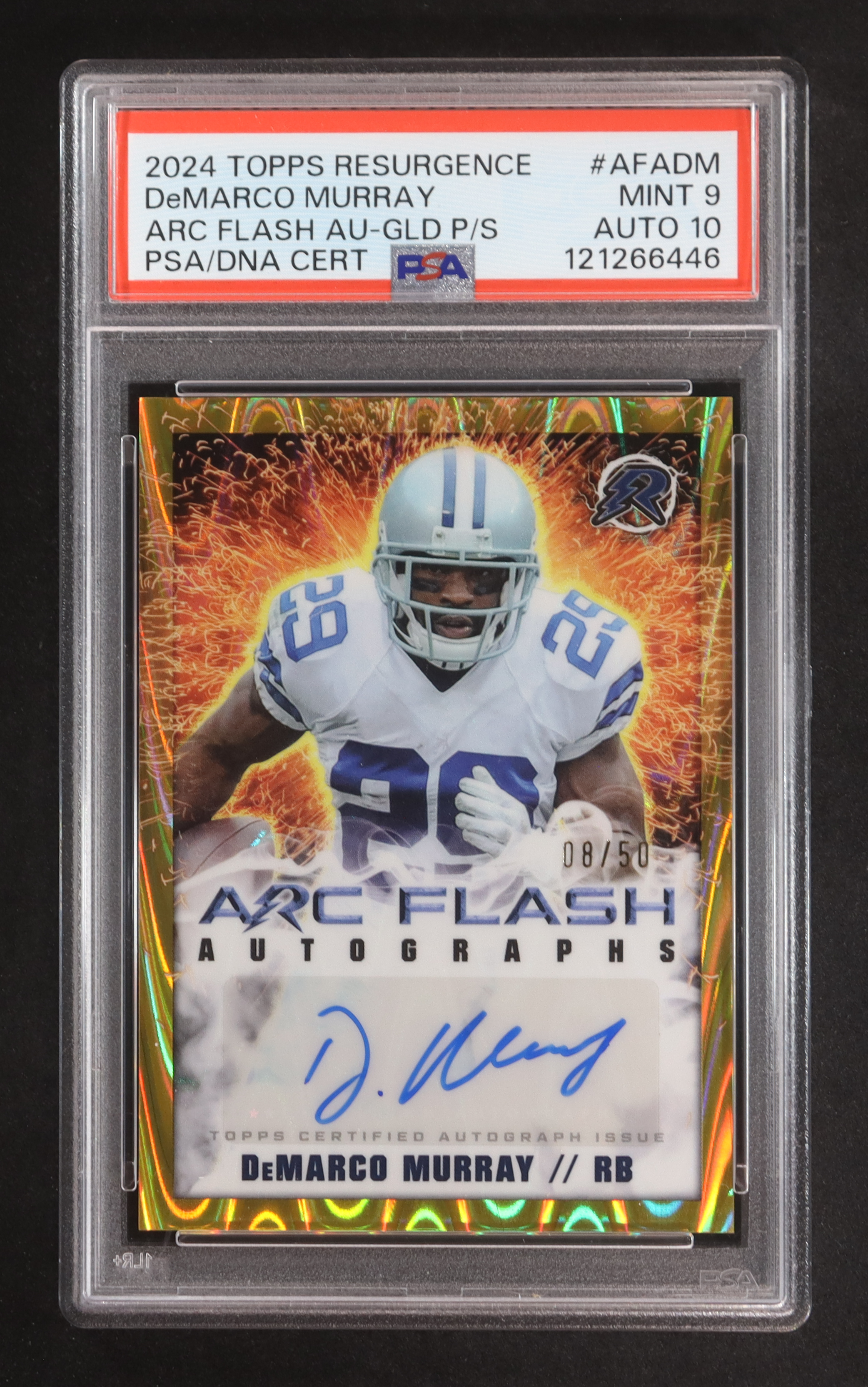 DeMarco Murray 2024 Topps Resurgence Arc Flash Autographs Gold Power Surge #AFADM #8/50 (PSA 9 | Autograph Graded PSA 10) at PristineAuction.com DeMarco Murray 2024 Topps Resurgence Arc Flash Autographs Gold Power Surge #AFADM #8/50 (PSA 9 | Autograph Graded PSA 10) at PristineAuction.com