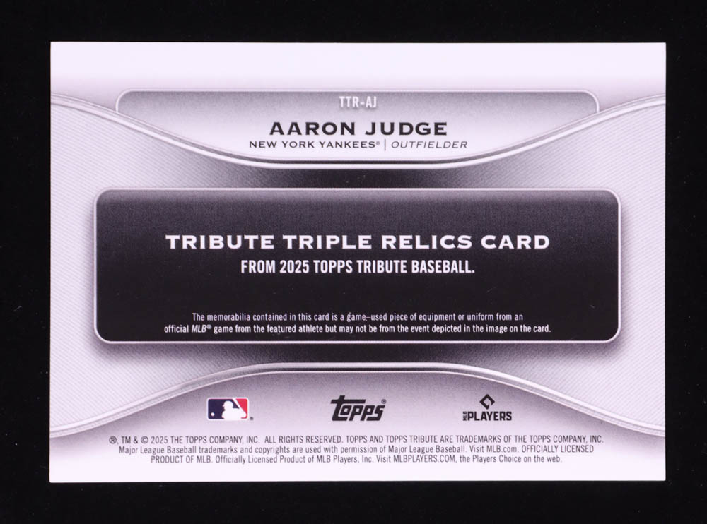 Aaron Judge 2025 Topps Tribute Triple Relics Blue #TTRAJ #057/150 at PristineAuction.com Aaron Judge 2025 Topps Tribute Triple Relics Blue #TTRAJ #057/150 at PristineAuction.com