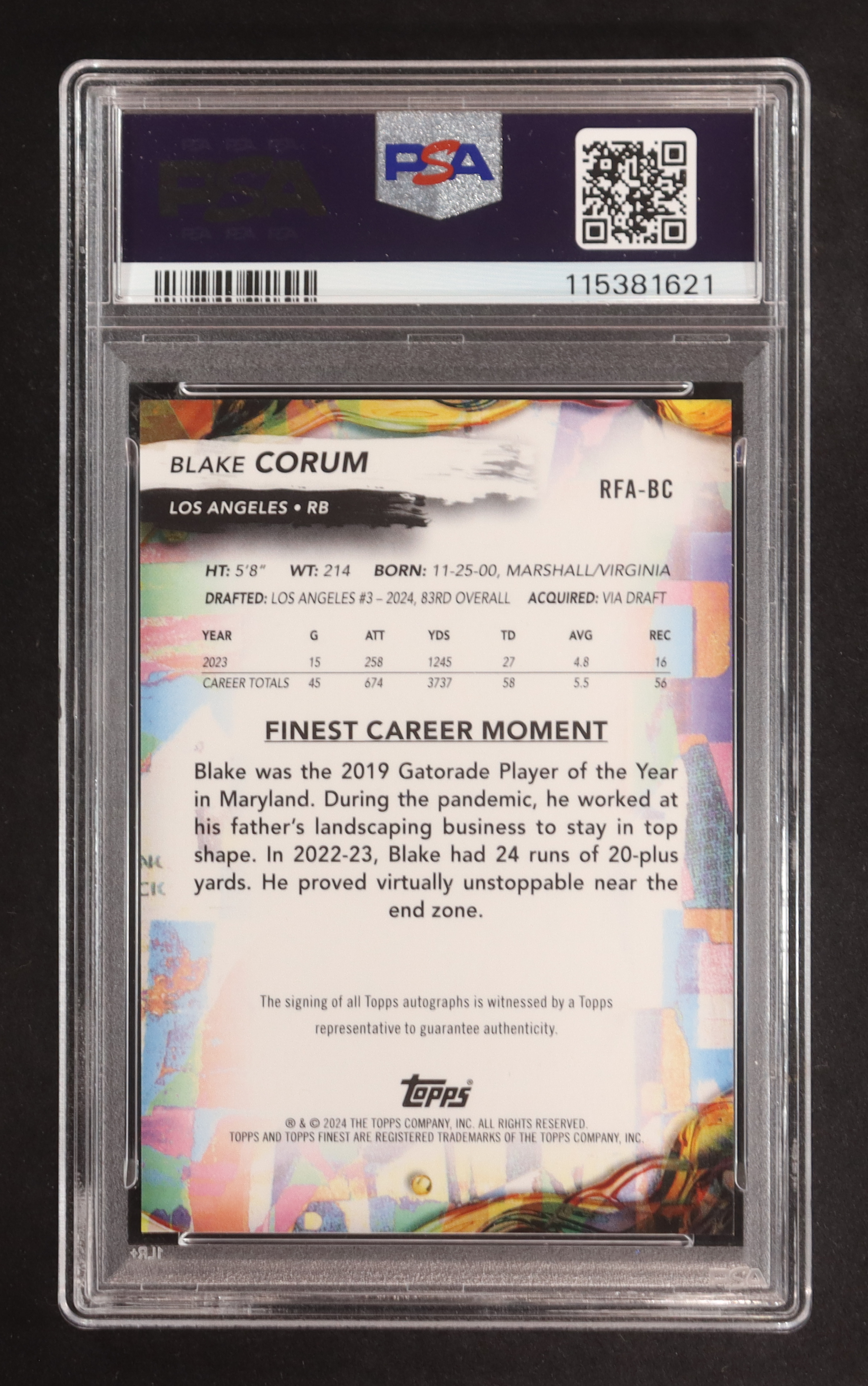 Blake Corum 2024 Finest Rookie Autographs #RFABC RC (PSA 10 | Autograph Graded PSA 10) at PristineAuction.com Blake Corum 2024 Finest Rookie Autographs #RFABC RC (PSA 10 | Autograph Graded PSA 10) at PristineAuction.com