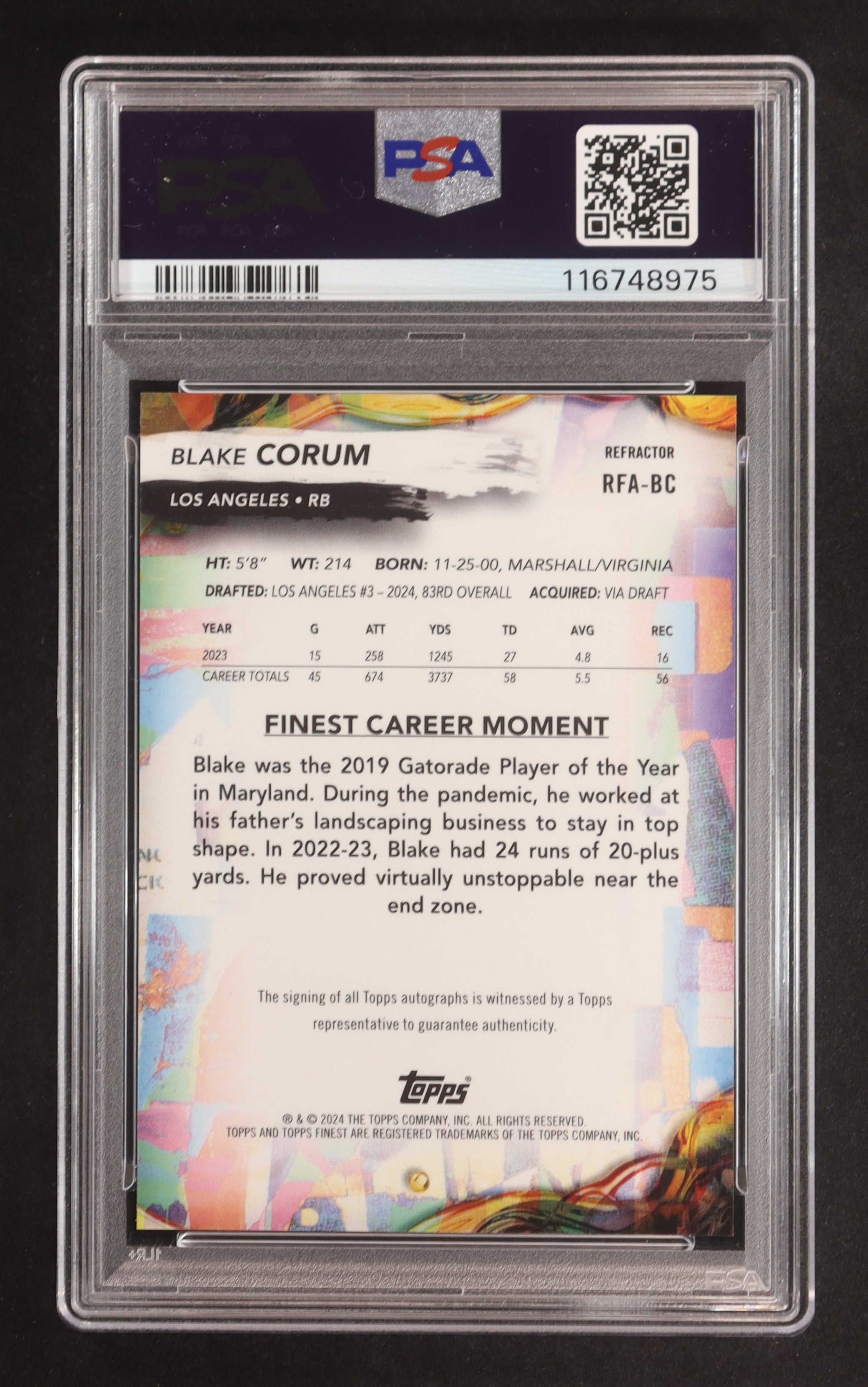 Blake Corum 2024 Finest Rookie Autographs #RFABC RC (PSA 10 | Autograph Graded PSA 10) at PristineAuction.com Blake Corum 2024 Finest Rookie Autographs #RFABC RC (PSA 10 | Autograph Graded PSA 10) at PristineAuction.com