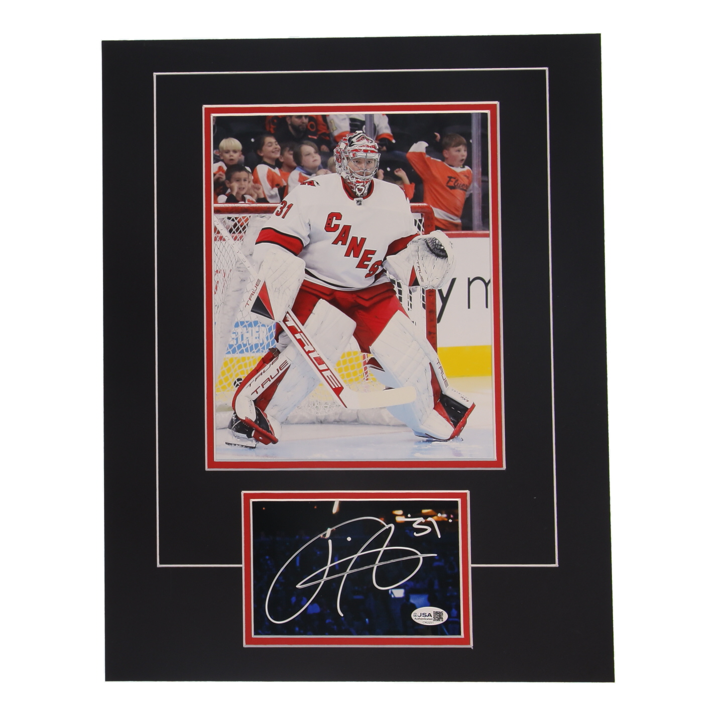 Frederik Andersen Signed Hurricanes Custom Cut Lithograph Display with Photo (JSA) at PristineAuction.com Frederik Andersen Signed Hurricanes Custom Cut Lithograph Display with Photo (JSA) at PristineAuction.com
