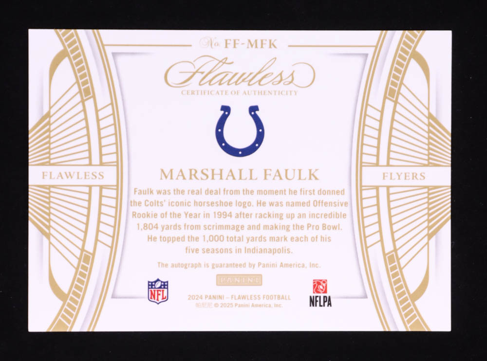 Marshall Faulk 2024 Panini Flawless Flawless Flyers Autographs Silver #16 #10/20 at PristineAuction.com Marshall Faulk 2024 Panini Flawless Flawless Flyers Autographs Silver #16 #10/20 at PristineAuction.com