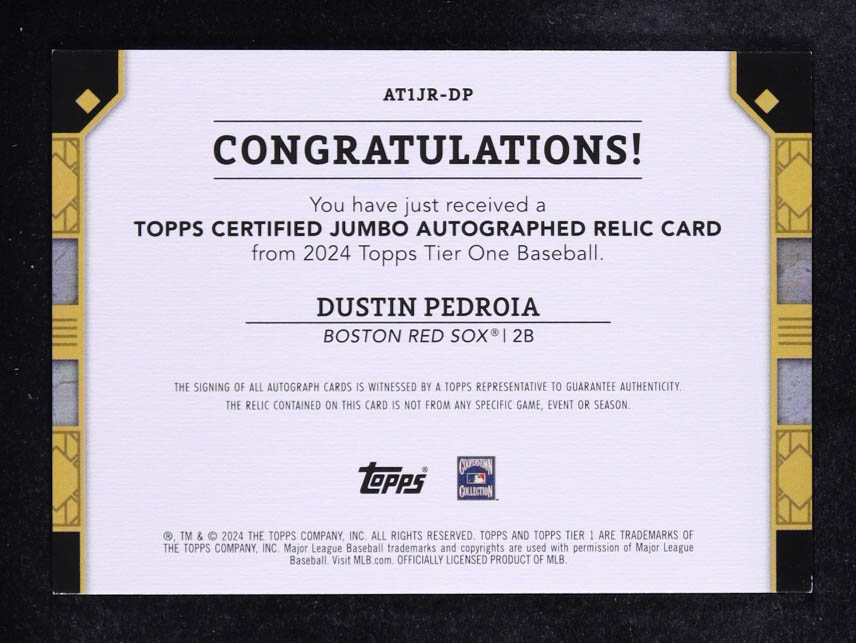 Dustin Pedroia 2024 Topps Tier One Jumbo Relic Autographs #AT1JRDP #21/49 at PristineAuction.com Dustin Pedroia 2024 Topps Tier One Jumbo Relic Autographs #AT1JRDP #21/49 at PristineAuction.com