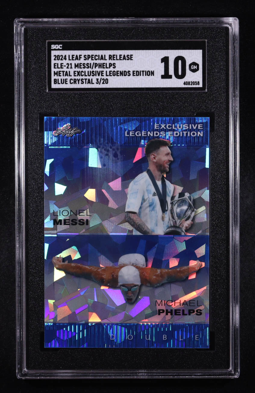 Lionel Messi / Michael Phelps 2024 Leaf Metal Special Release Exclusive Legends Edition Dual Cracked Ice Blue #ELE21 #03/20 (SGC 10) at PristineAuction.com Lionel Messi / Michael Phelps 2024 Leaf Metal Special Release Exclusive Legends Edition Dual Cracked Ice Blue #ELE21 #03/20 (SGC 10) at PristineAuction.com