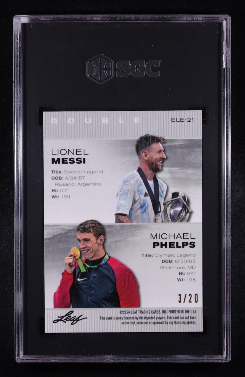 Lionel Messi / Michael Phelps 2024 Leaf Metal Special Release Exclusive Legends Edition Dual Cracked Ice Blue #ELE21 #03/20 (SGC 10) at PristineAuction.com Lionel Messi / Michael Phelps 2024 Leaf Metal Special Release Exclusive Legends Edition Dual Cracked Ice Blue #ELE21 #03/20 (SGC 10) at PristineAuction.com