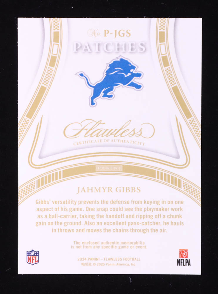 Jahmyr Gibbs 2024 Panini Flawless Patches Sapphire #10 #03/10 at PristineAuction.com Jahmyr Gibbs 2024 Panini Flawless Patches Sapphire #10 #03/10 at PristineAuction.com