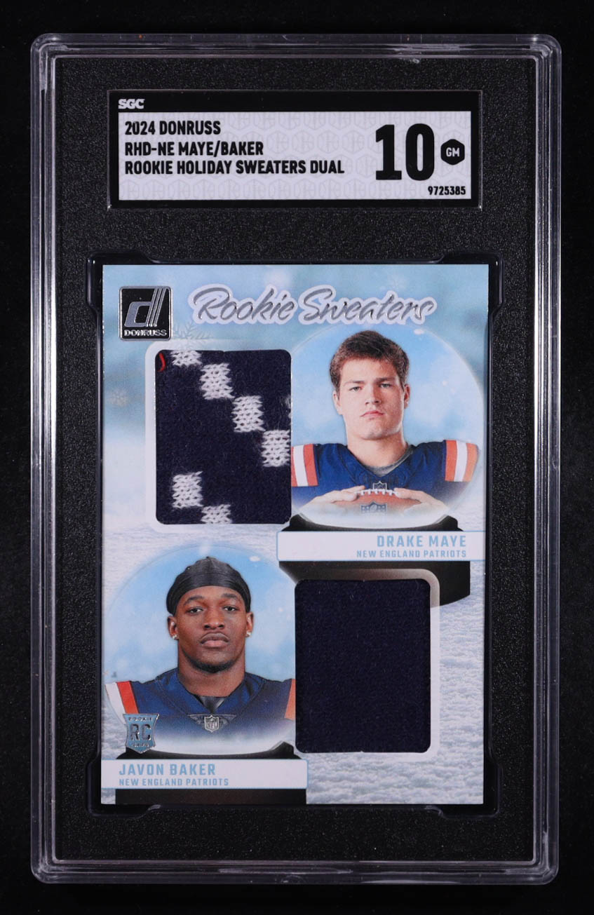 Drake Maye / Javon Baker 2024 Donruss Rookie Holiday Sweater Dual #1 RC (SGC 10) at PristineAuction.com Drake Maye / Javon Baker 2024 Donruss Rookie Holiday Sweater Dual #1 RC (SGC 10) at PristineAuction.com