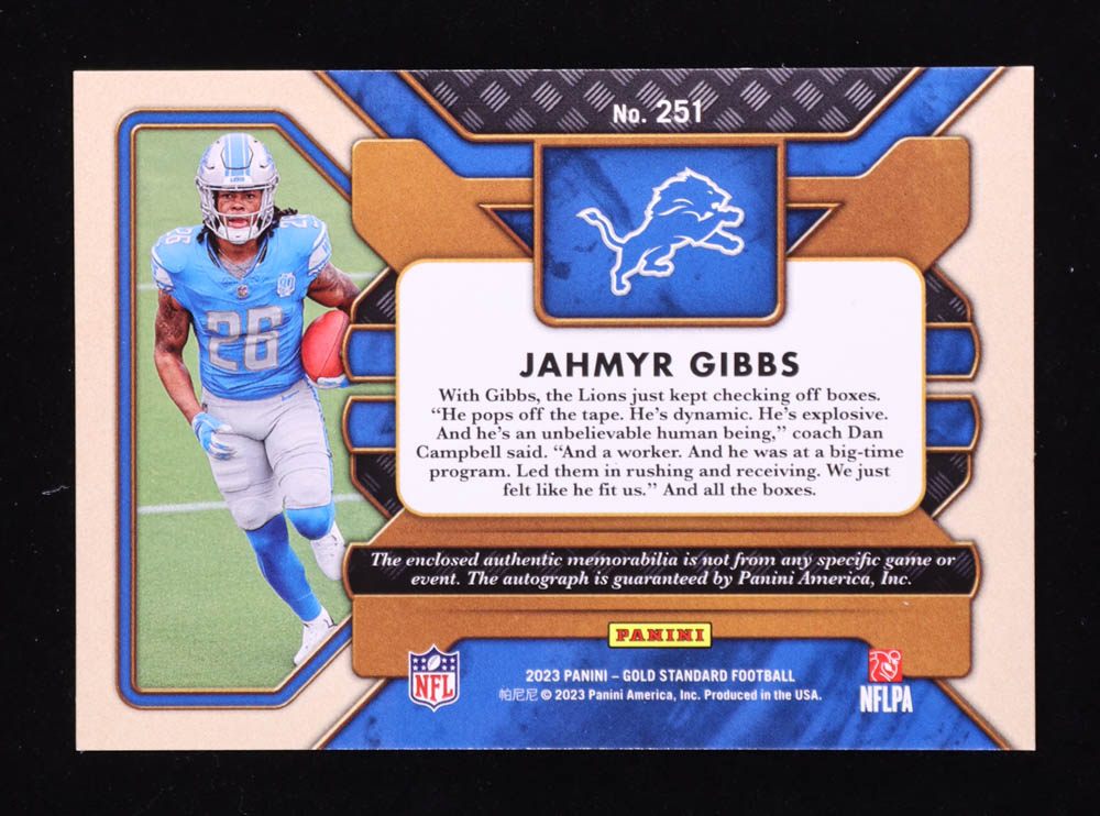 Jahmyr Gibbs 2023 Panini Gold Standard #251 JSY AU RC #133/149 at PristineAuction.com Jahmyr Gibbs 2023 Panini Gold Standard #251 JSY AU RC #133/149 at PristineAuction.com