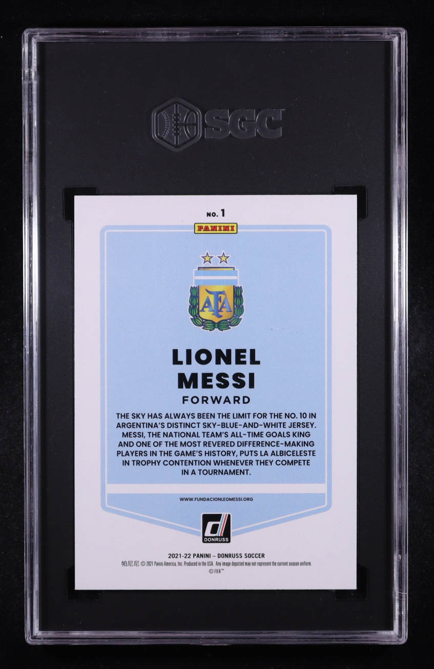 Lionel Messi 2021-22 Donruss #1 (SGC 10) at PristineAuction.com Lionel Messi 2021-22 Donruss #1 (SGC 10) at PristineAuction.com
