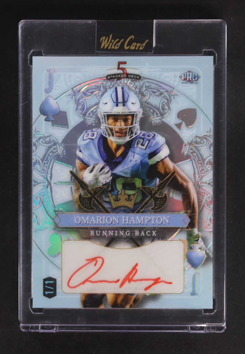 Omarion Hampton 2024 Wild Card 5 Card Draw Stacked Deck Jack of Spades #SDHS-OHA RC #1/1 at PristineAuction.com Omarion Hampton 2024 Wild Card 5 Card Draw Stacked Deck Jack of Spades #SDHS-OHA RC #1/1 at PristineAuction.com