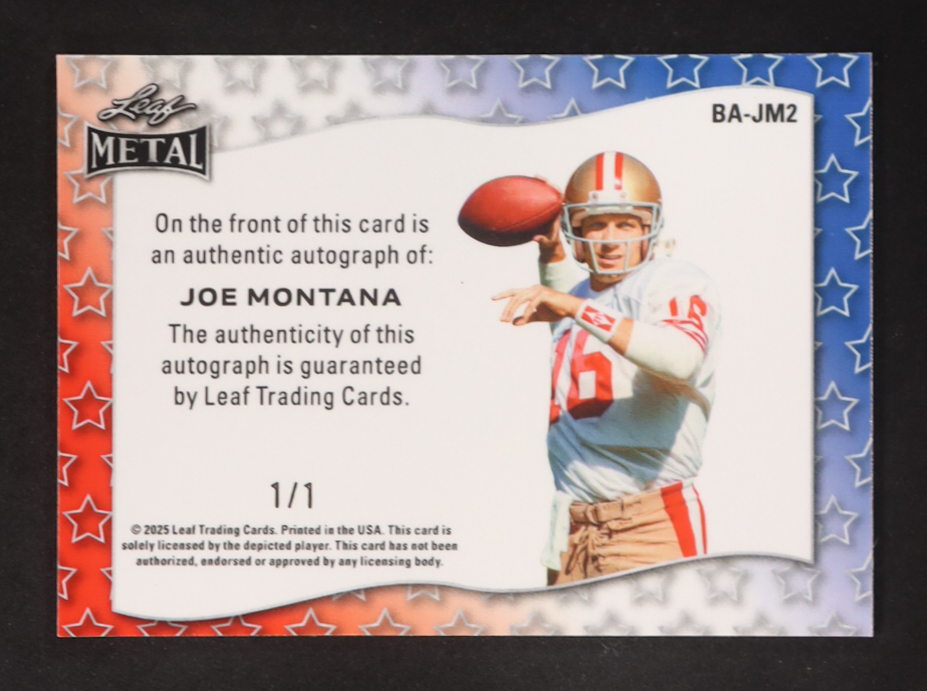 Joe Montana 2025 Leaf Metal Fireworks Red Auto #BA-JM2 #1/1 at PristineAuction.com Joe Montana 2025 Leaf Metal Fireworks Red Auto #BA-JM2 #1/1 at PristineAuction.com