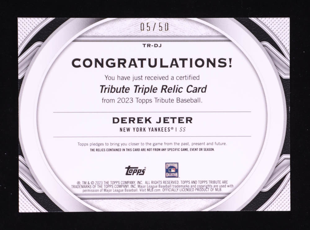 Derek Jeter 2023 Topps Tribute Triple Relics Purple #TRDJ #05/50 at PristineAuction.com Derek Jeter 2023 Topps Tribute Triple Relics Purple #TRDJ #05/50 at PristineAuction.com