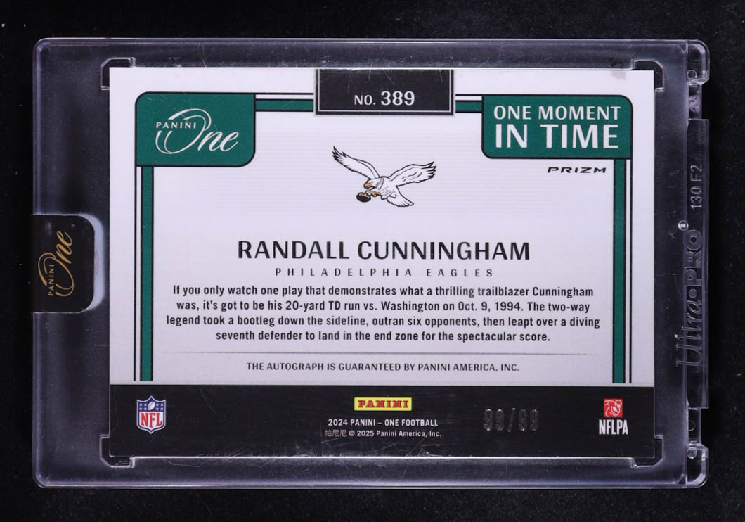 Randall Cunningham 2024 Panini One One Moment in Time Autographs #389 #99/99 at PristineAuction.com Randall Cunningham 2024 Panini One One Moment in Time Autographs #389 #99/99 at PristineAuction.com