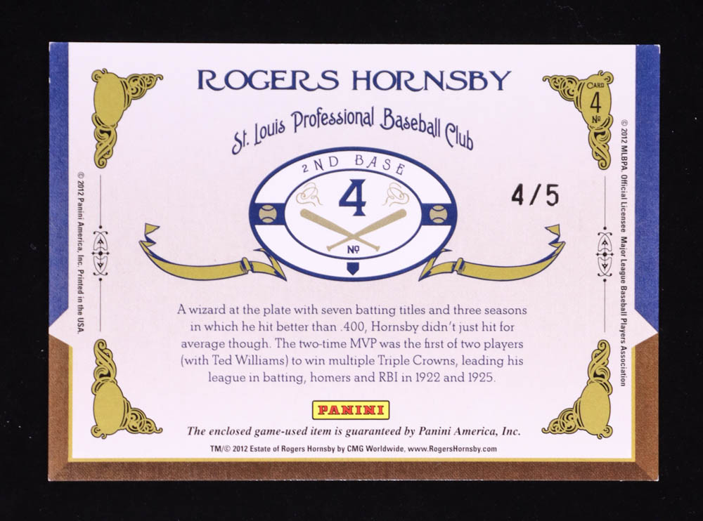 Rogers Hornsby 2011 Prime Cuts Timeline Trios Materials MVP #4 #4/5 at PristineAuction.com Rogers Hornsby 2011 Prime Cuts Timeline Trios Materials MVP #4 #4/5 at PristineAuction.com
