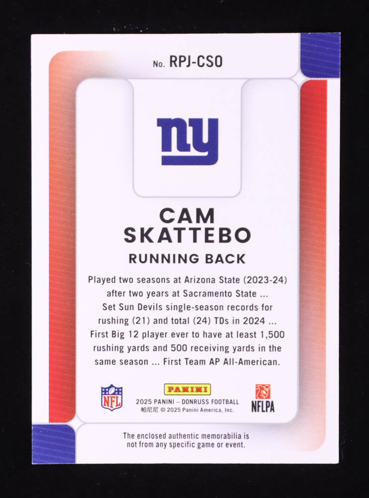 Cam Skattebo 2025 Donruss Rookie Phenom Jerseys #31 RC at PristineAuction.com Cam Skattebo 2025 Donruss Rookie Phenom Jerseys #31 RC at PristineAuction.com