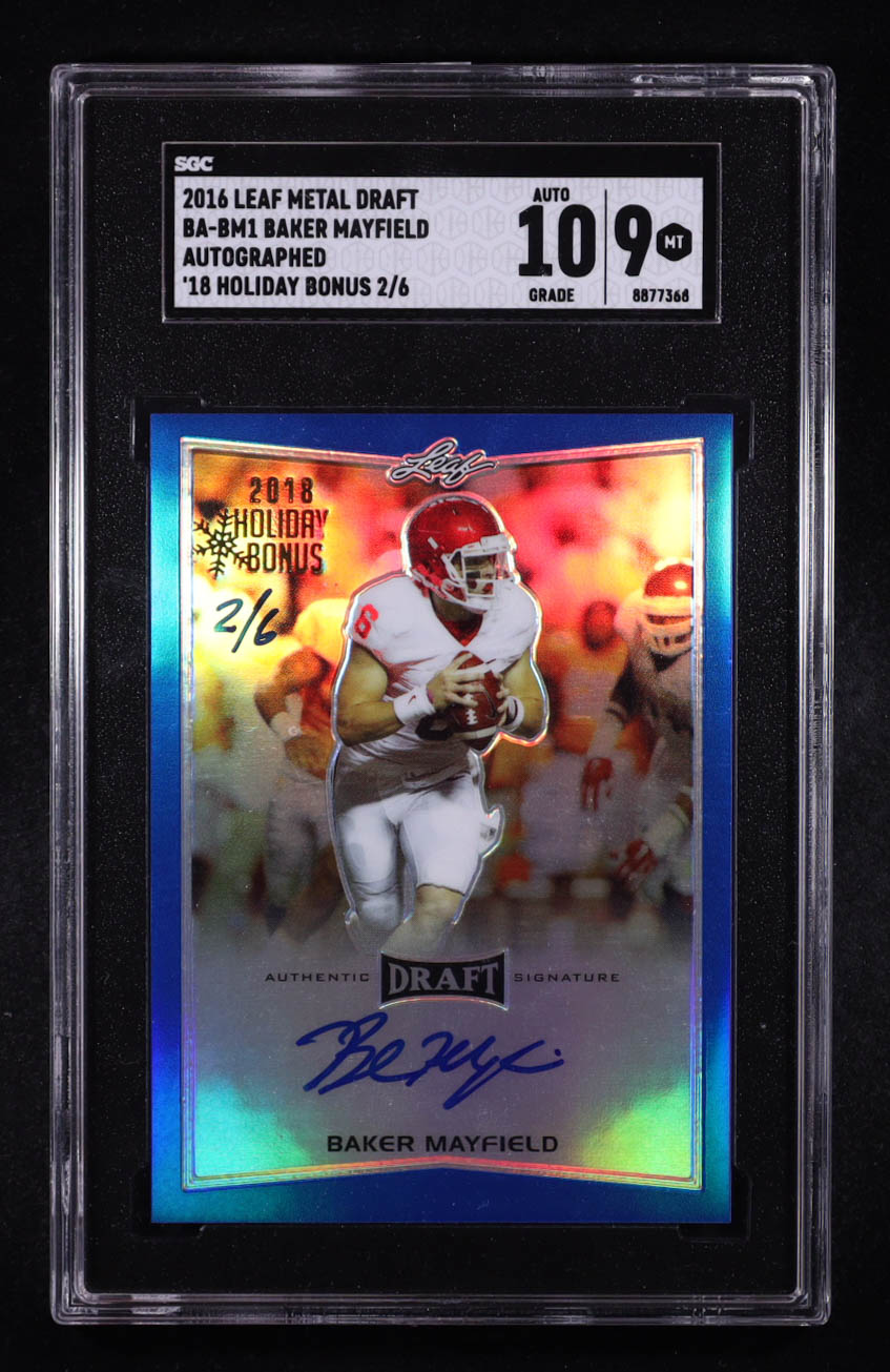Baker Mayfield 2016 Leaf Metal Draft '18 Holiday Bonus Metal Prismatic Blue #BABM1 #2/6 RC (SGC 9 | Auto 10) at PristineAuction.com Baker Mayfield 2016 Leaf Metal Draft '18 Holiday Bonus Metal Prismatic Blue #BABM1 #2/6 RC (SGC 9 | Auto 10) at PristineAuction.com