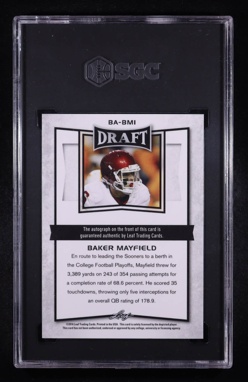 Baker Mayfield 2016 Leaf Metal Draft '18 Holiday Bonus Metal Prismatic Blue #BABM1 #2/6 RC (SGC 9 | Auto 10) at PristineAuction.com Baker Mayfield 2016 Leaf Metal Draft '18 Holiday Bonus Metal Prismatic Blue #BABM1 #2/6 RC (SGC 9 | Auto 10) at PristineAuction.com