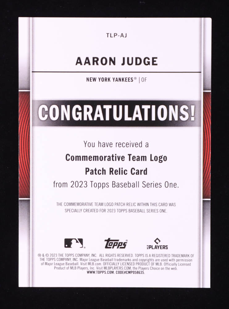 Aaron Judge 2023 Topps Team Logo Commemorative Patch #TLPAJ at PristineAuction.com Aaron Judge 2023 Topps Team Logo Commemorative Patch #TLPAJ at PristineAuction.com