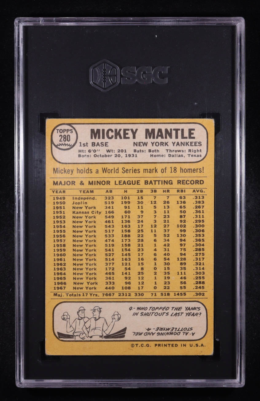 Mickey Mantle 1968 Topps #280 (SGC 2) at PristineAuction.com Mickey Mantle 1968 Topps #280 (SGC 2) at PristineAuction.com